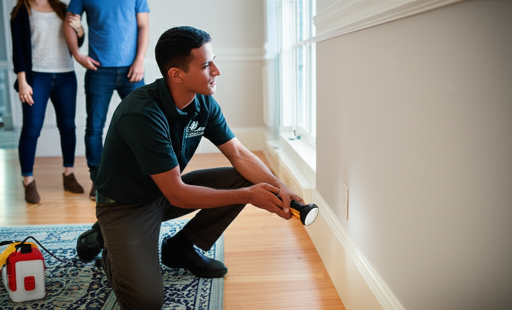 Pest control professional inspecting a home